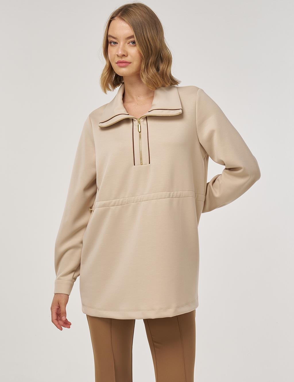 Bel Büzgülü Scuba Sweatshirt Açık Bej