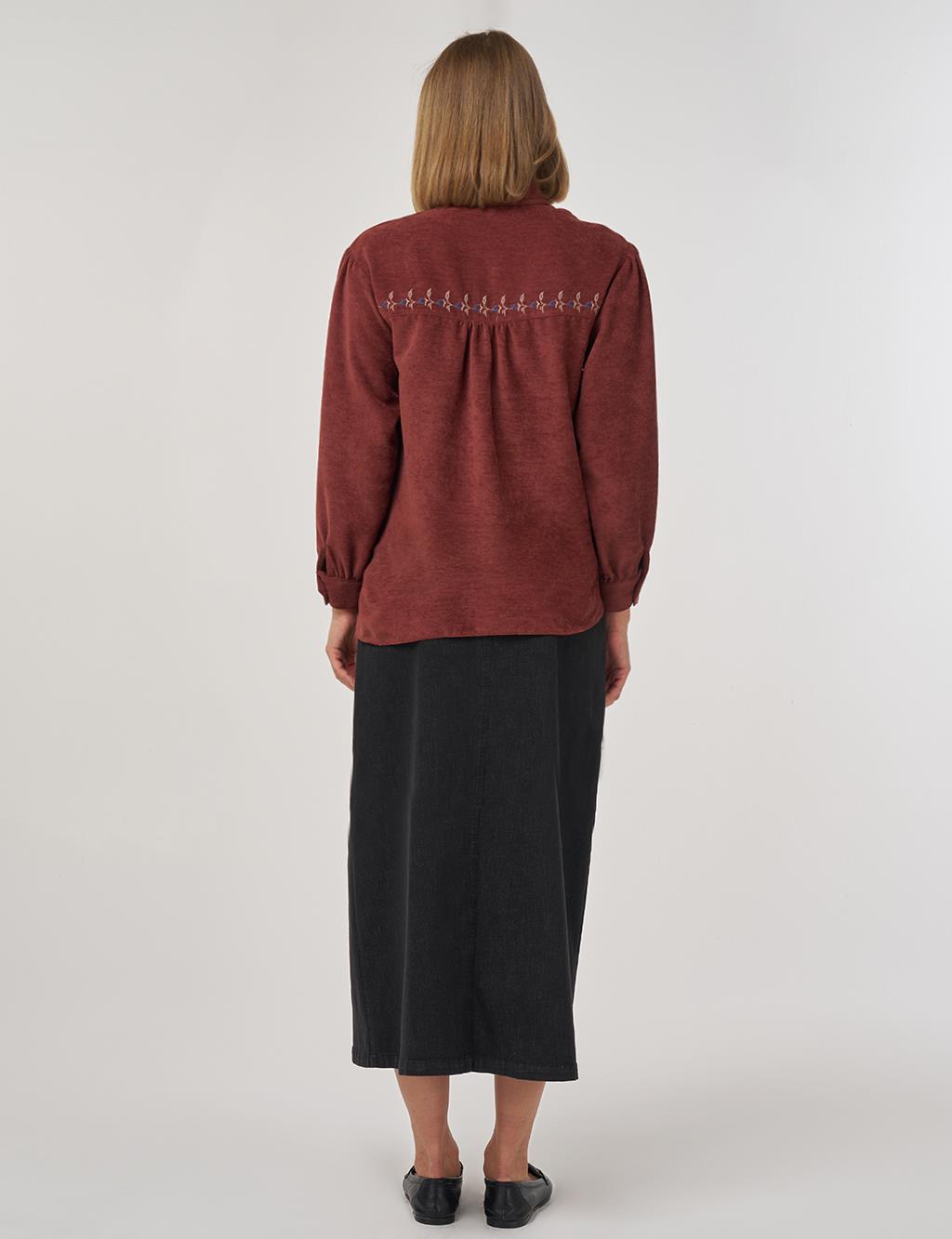 Embroidered Velvet Blouse Dark Brown