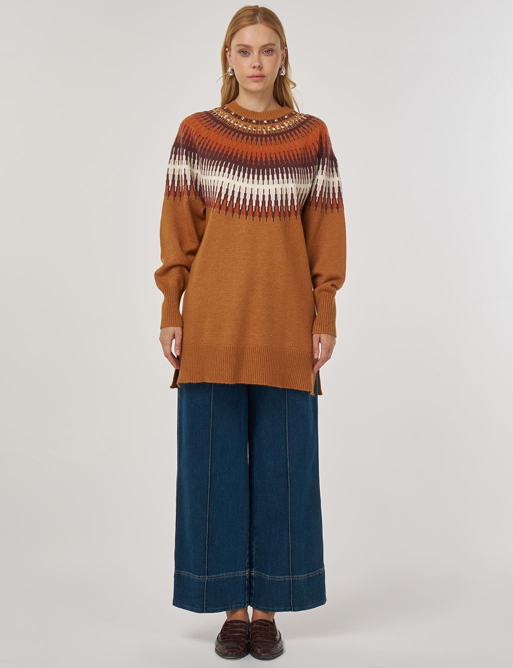 Stone Detailed Knit Tunic Cinnamon