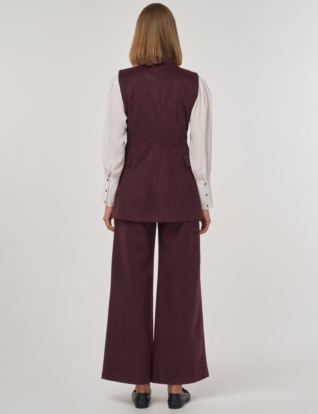 Buckle Detailed Suede Two-Piece Suit Dark Burgundy