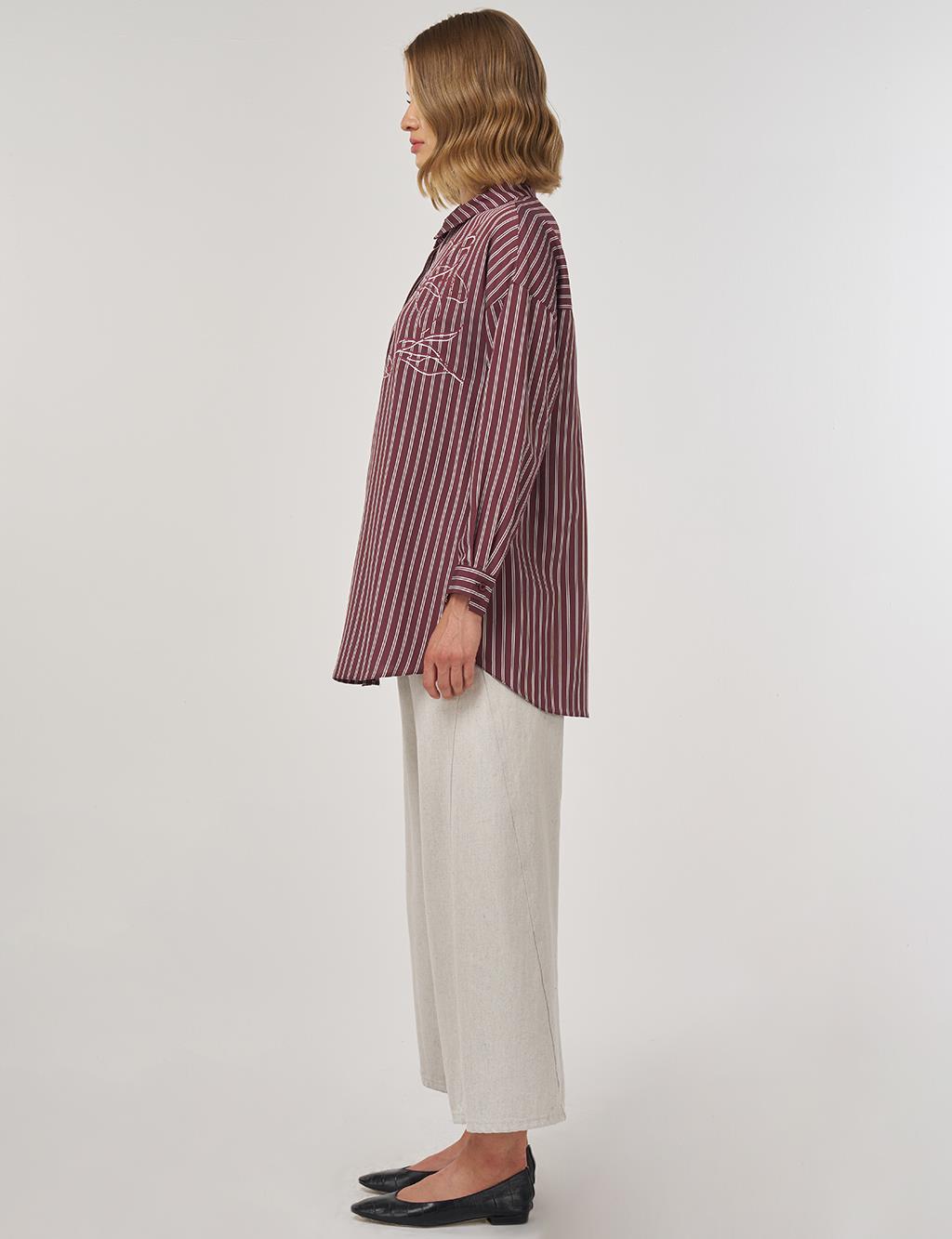 Çizgi Desen Viskon Tunik Koyu Bordo