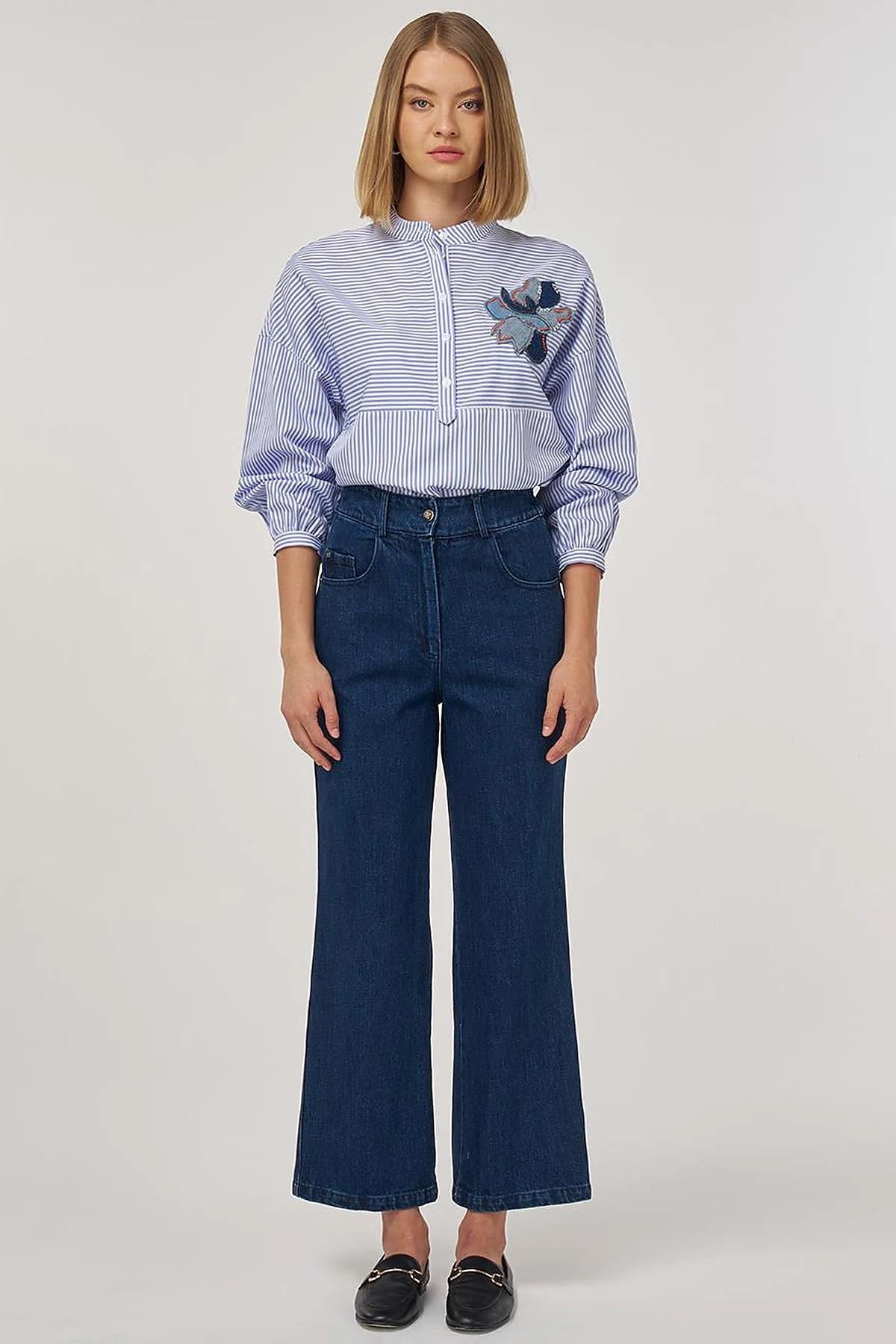 High-Waisted Denim Pants Navy Blue