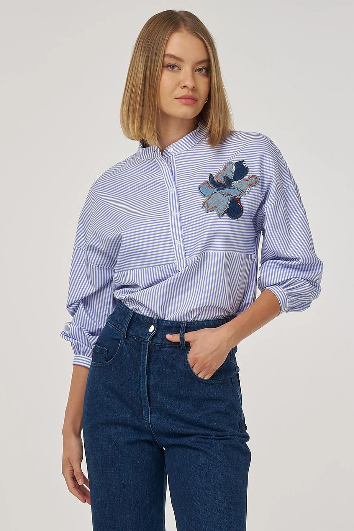 High-Waisted Denim Pants Navy Blue