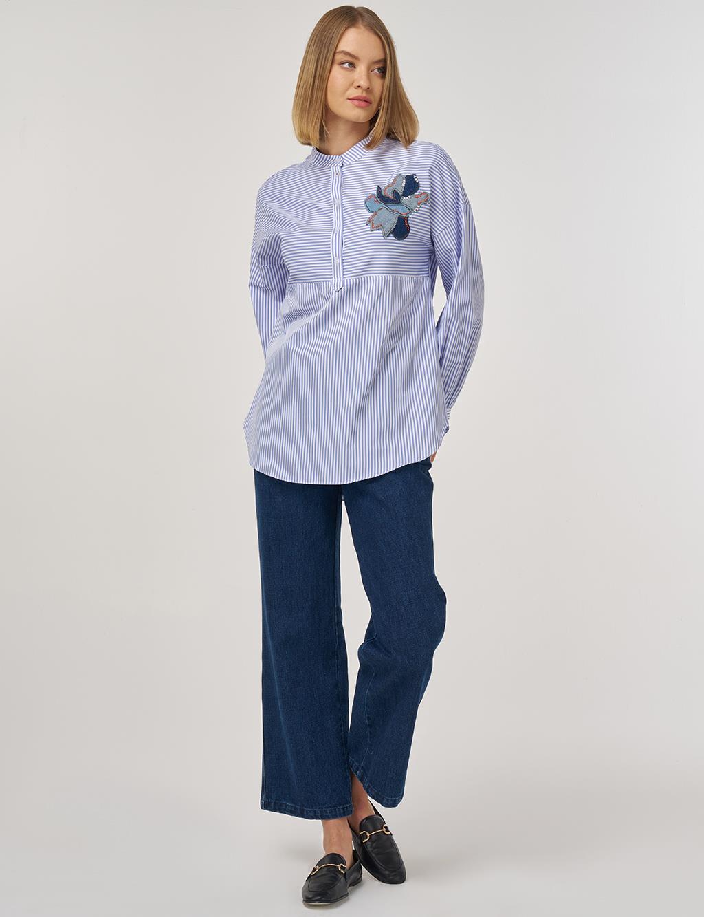 Embroidered Appliqué Cotton Mandarin Collar Tunic Blue