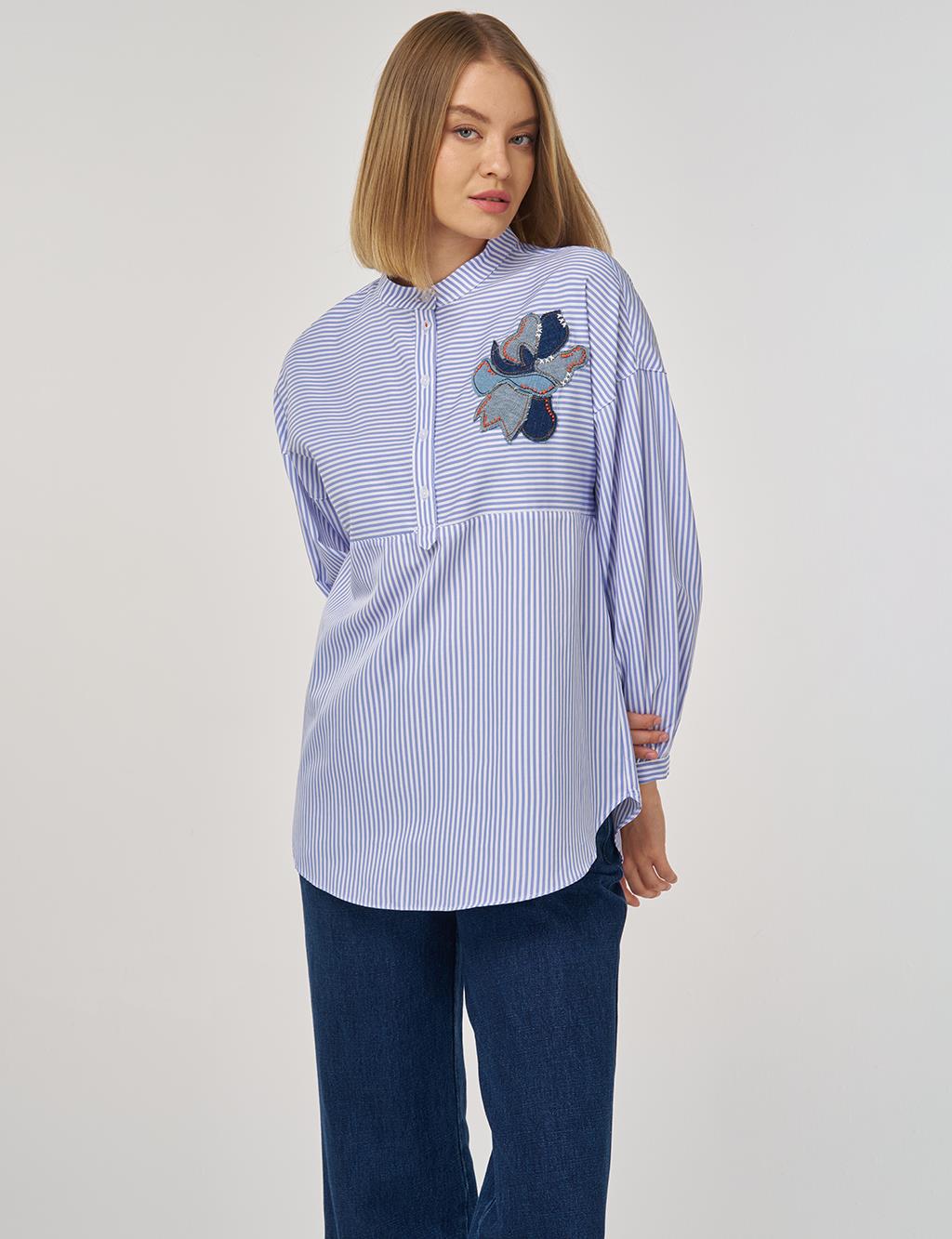 Embroidered Appliqué Cotton Mandarin Collar Tunic Blue