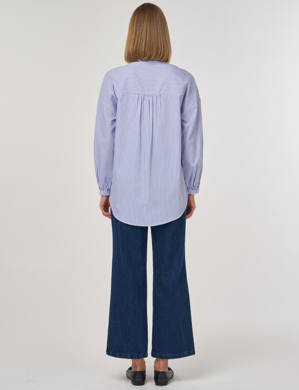 Embroidered Appliqué Cotton Mandarin Collar Tunic Blue