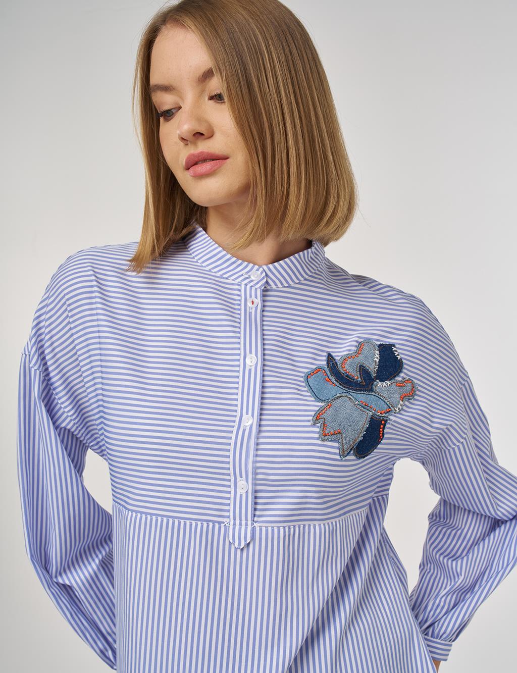 Embroidered Appliqué Cotton Mandarin Collar Tunic Blue