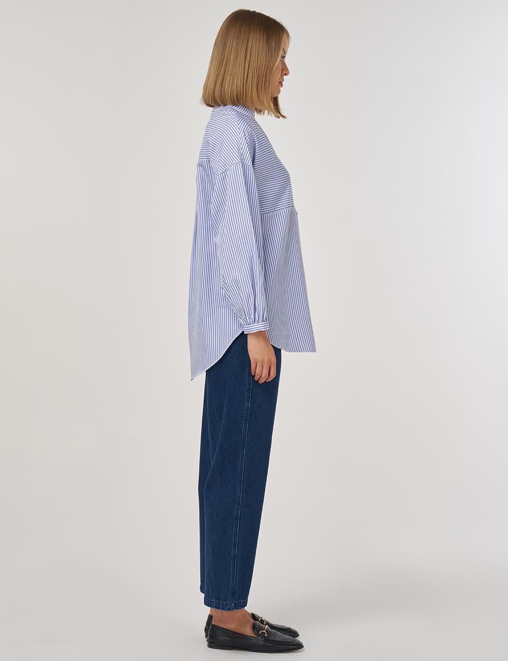 Embroidered Appliqué Cotton Mandarin Collar Tunic Blue