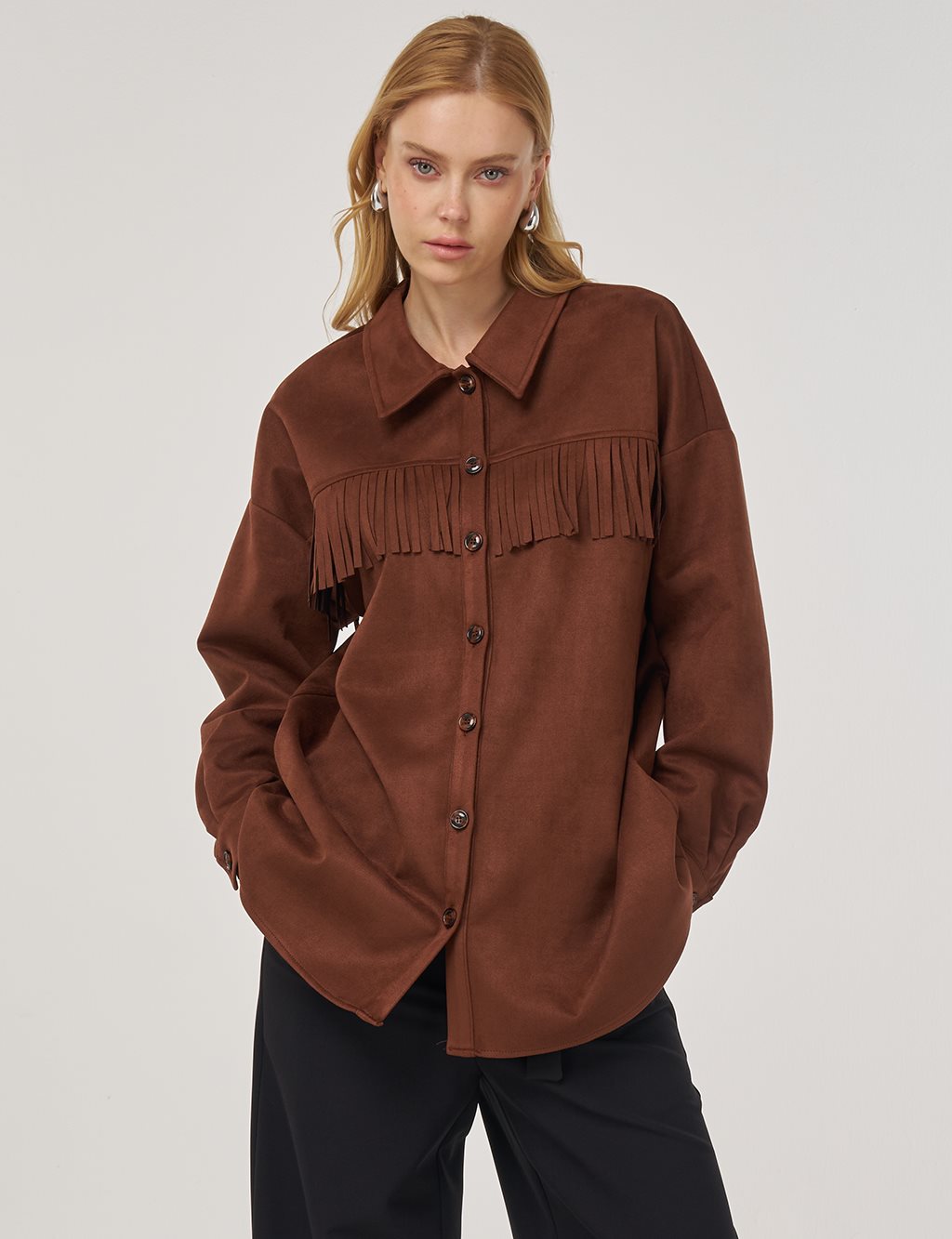 Püskül Detaylı Süet Ceket Camel 