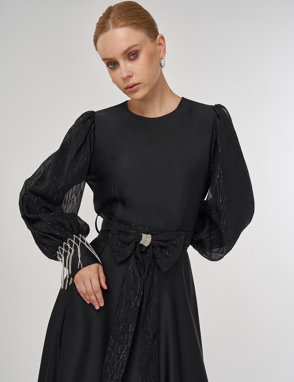 Waist-Detailed Satin Dress - Black