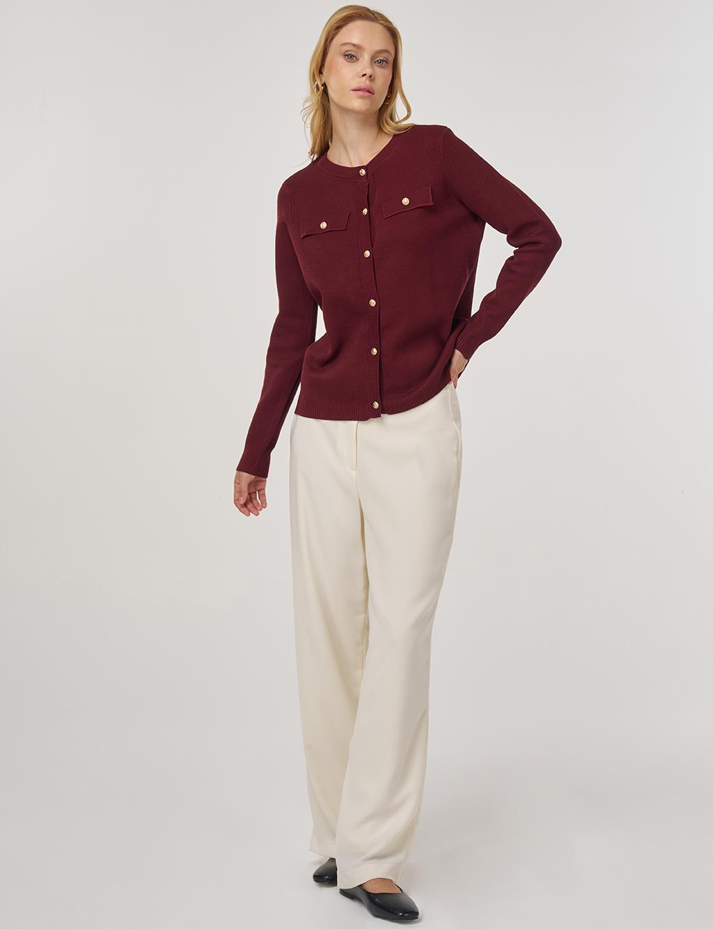 100% Viscose Button-Detail Knit Cardigan Burgundy