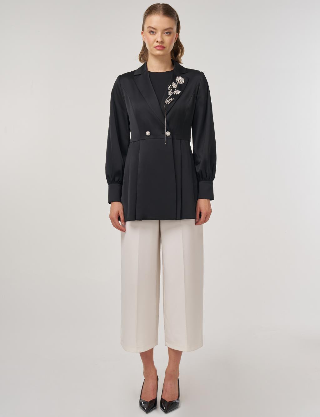 Stone-Embellished Satin Jacket in Black