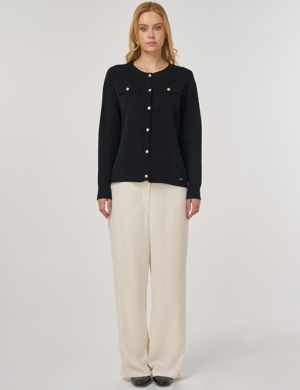 100% Viscose Button-Detail Knit Cardigan Black