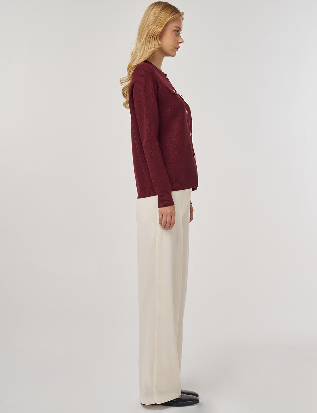 100% Viscose Button-Detail Knit Cardigan Burgundy