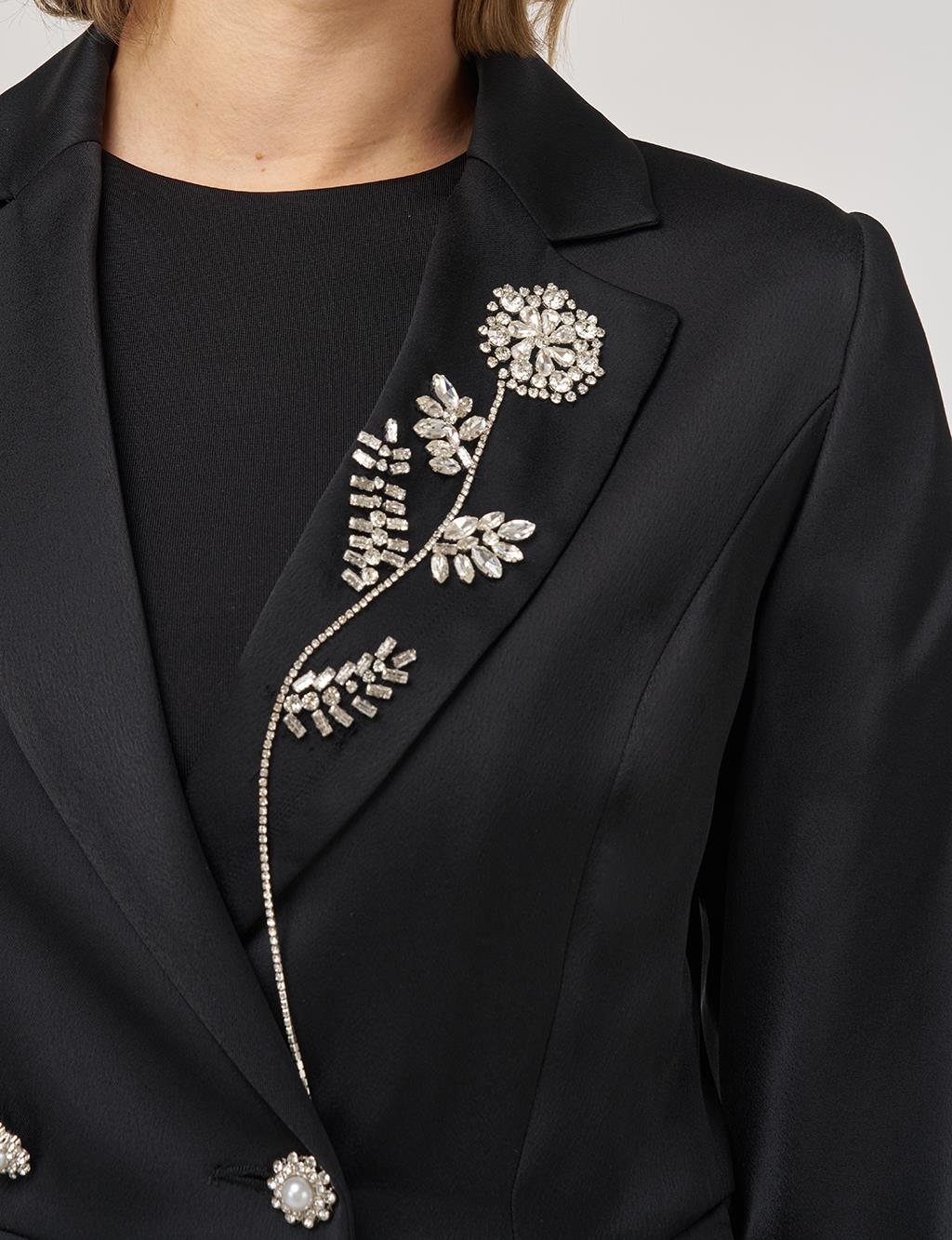 Stone-Embellished Satin Jacket in Black
