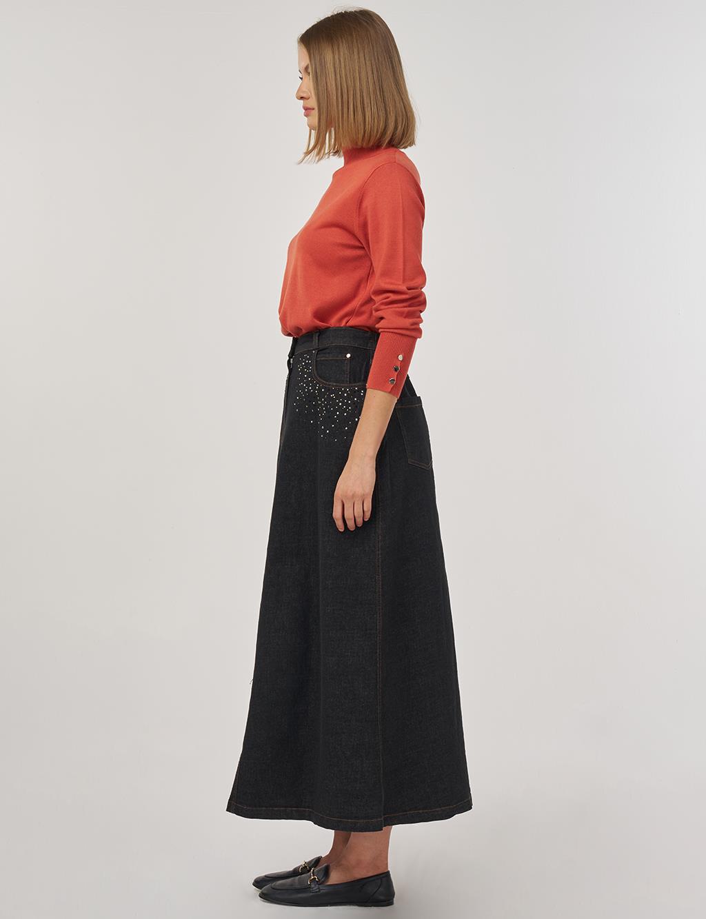 Hotfix Printed Denim Skirt in Black