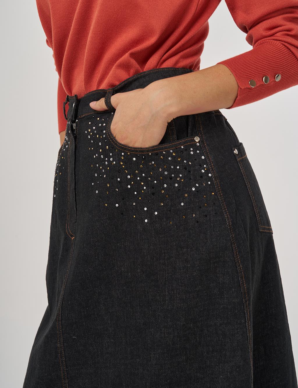Hotfix Printed Denim Skirt in Black
