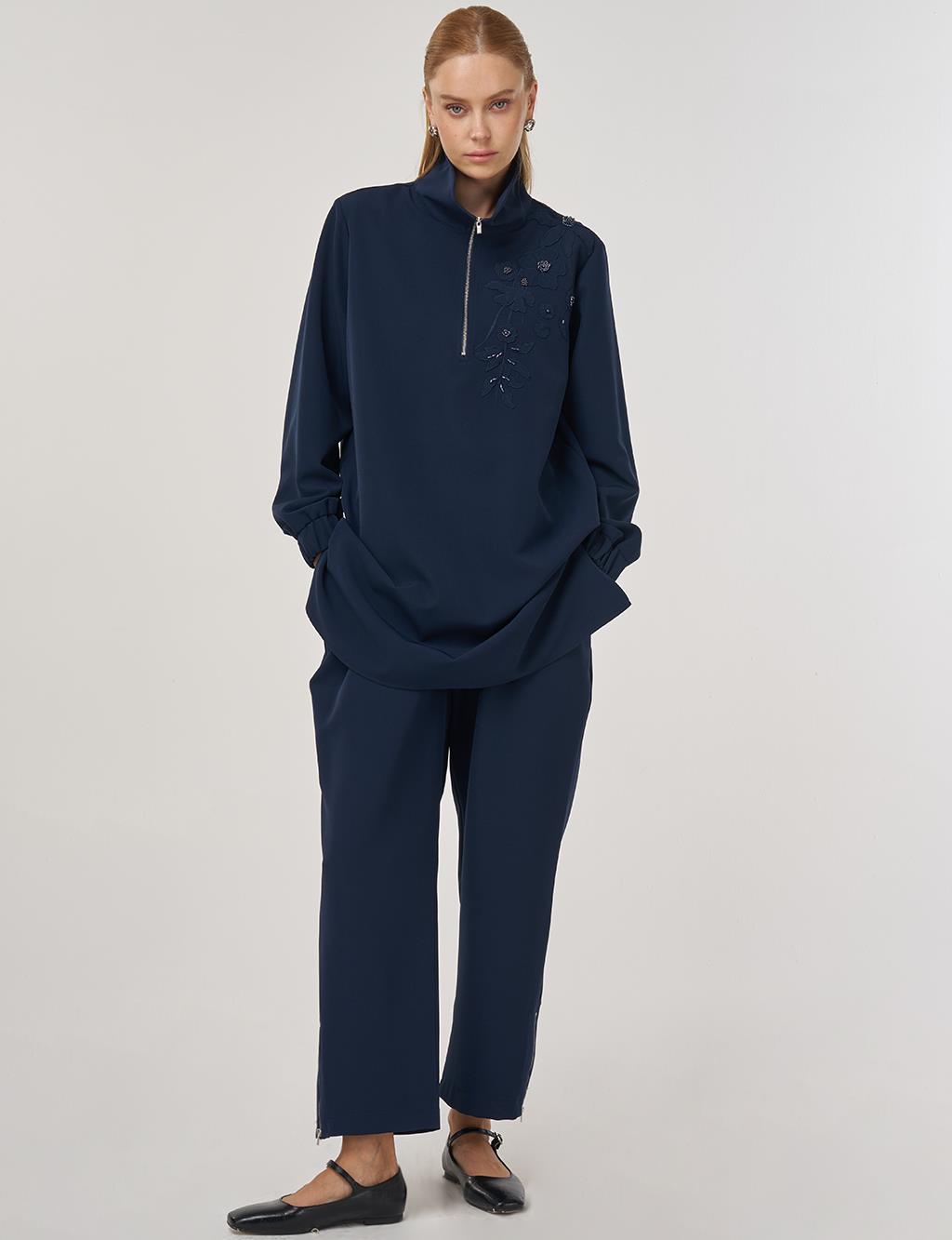 Embroidered Two-Piece Suit in Dark Navy