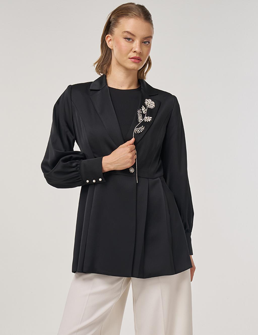 Stone-Embellished Satin Jacket in Black