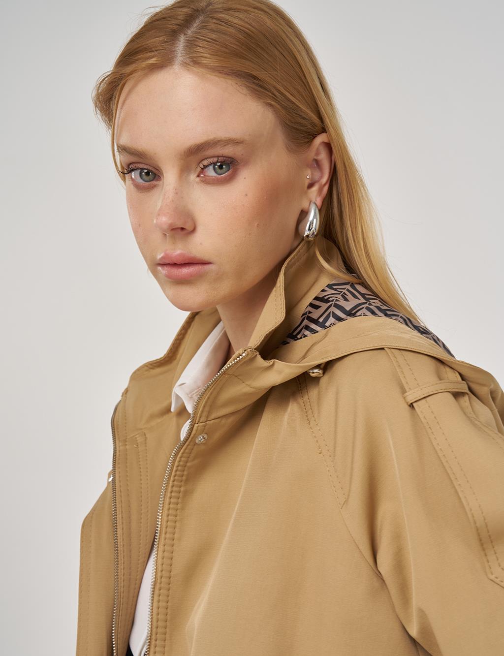 Hooded Detail Trench Coat in Beige