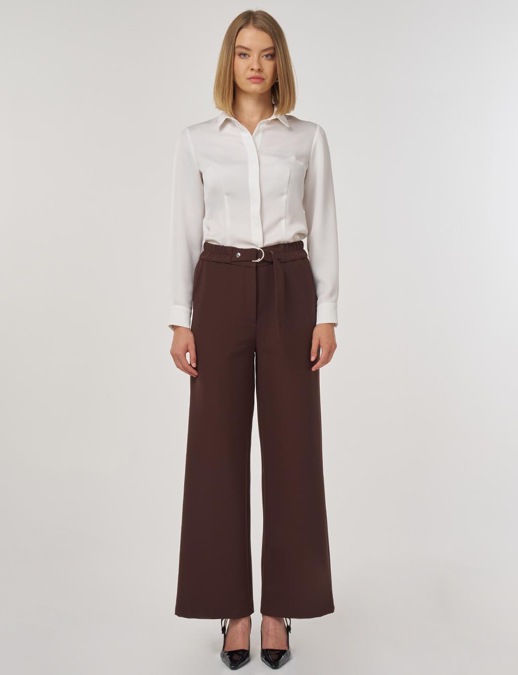 Metal Buckle Fabric Pants in Dark Brown