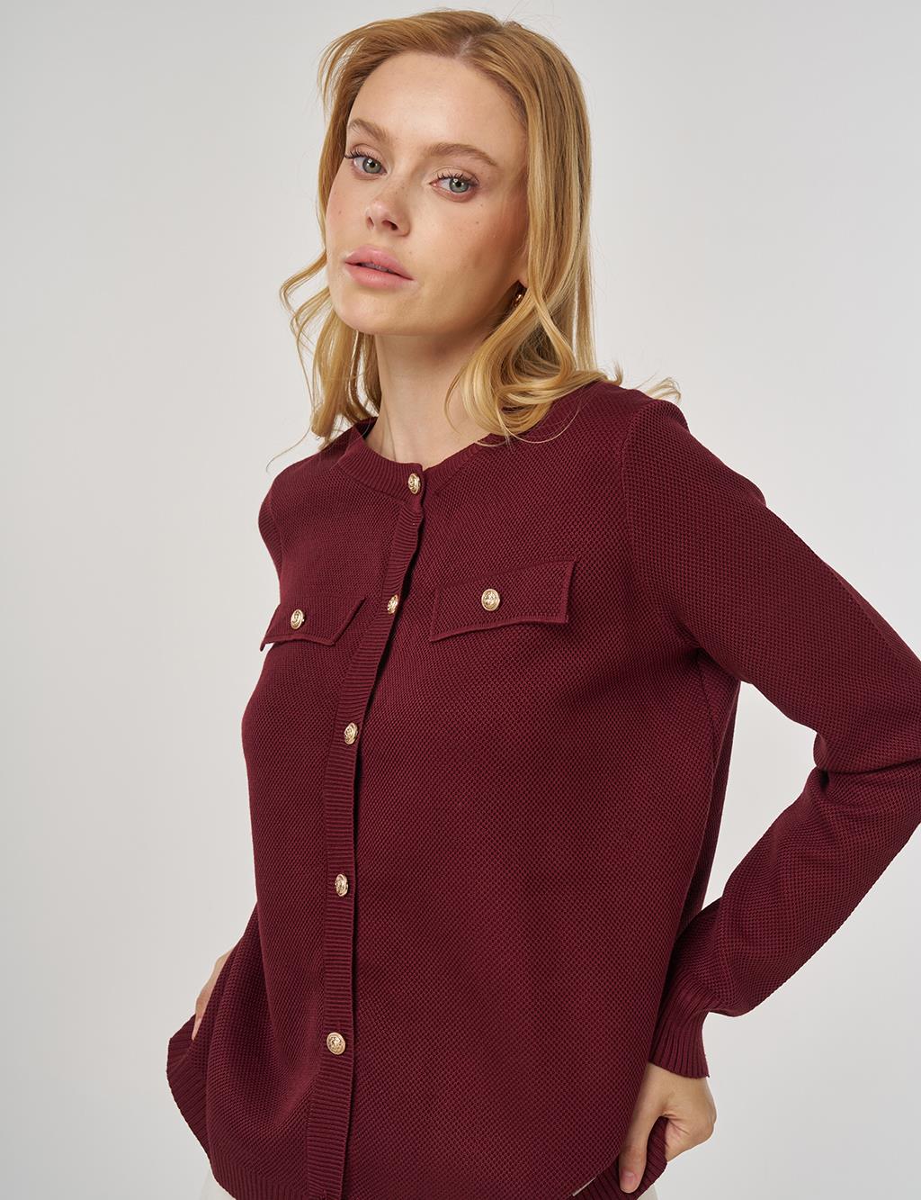 100% Viscose Button-Detail Knit Cardigan Burgundy