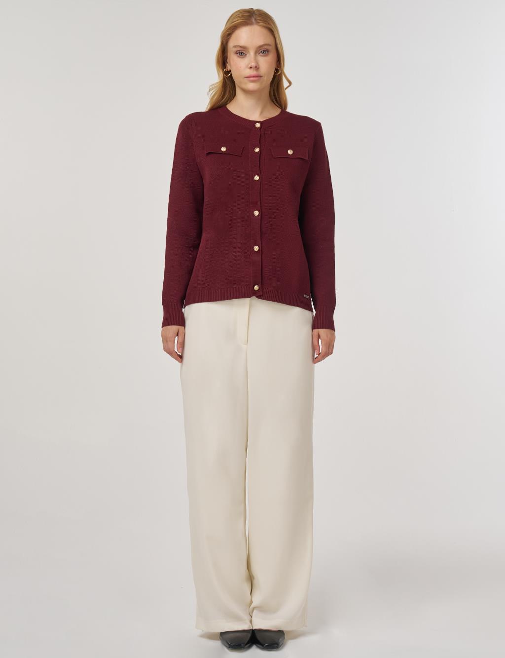 100% Viscose Button-Detail Knit Cardigan Burgundy