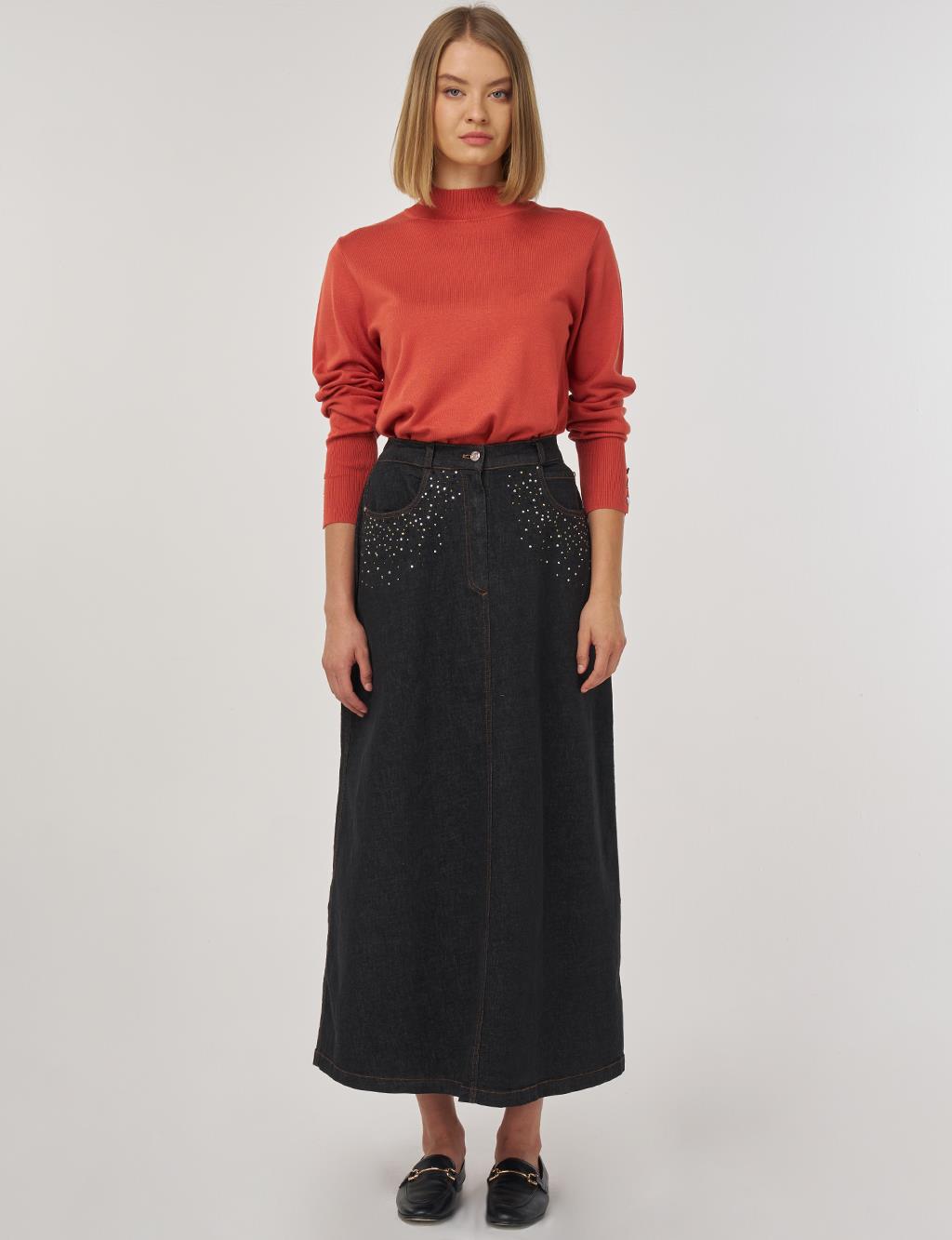 Hotfix Printed Denim Skirt in Black