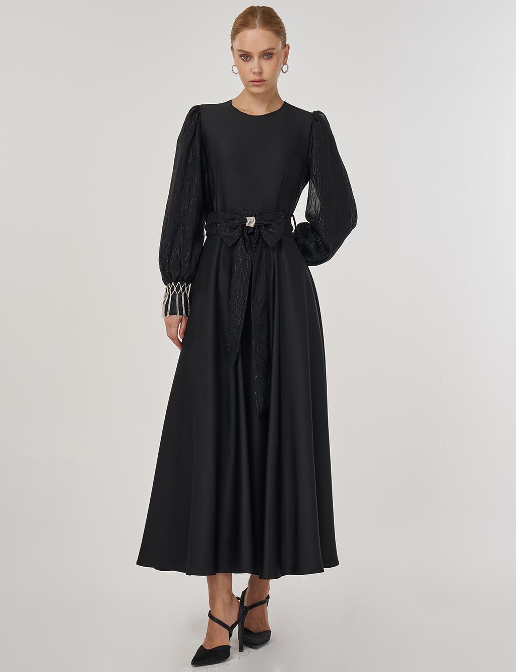 Waist-Detailed Satin Dress - Black