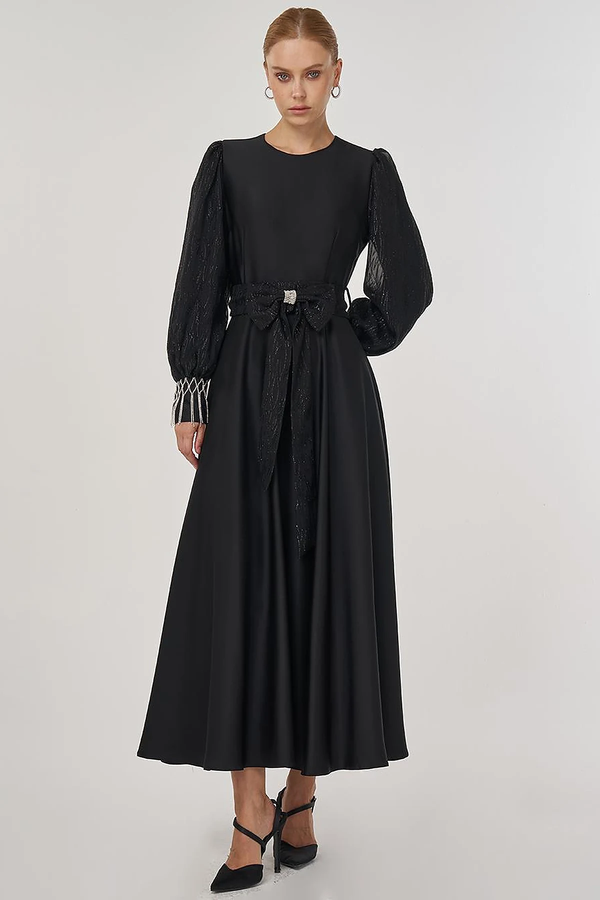 Waist-Detailed Satin Dress - Black