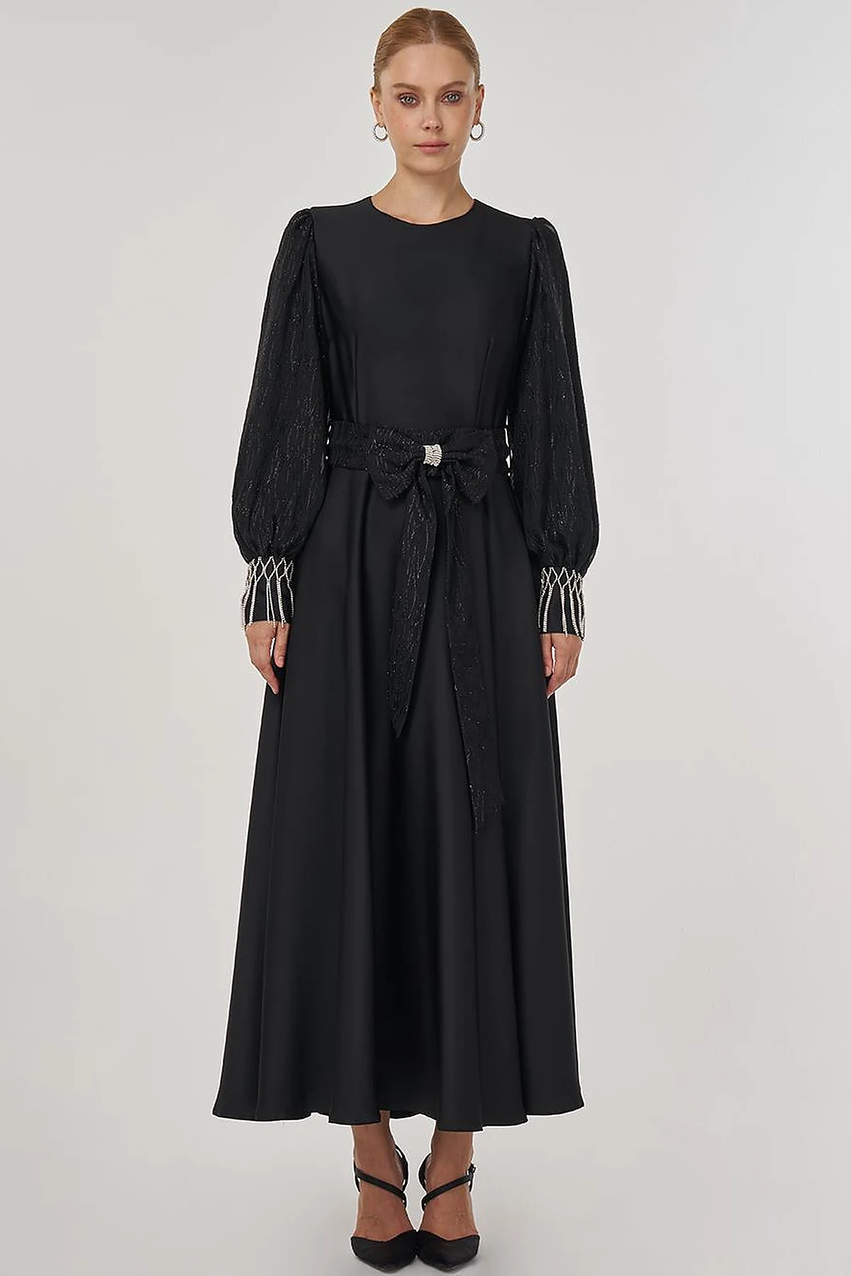 Waist-Detailed Satin Dress - Black