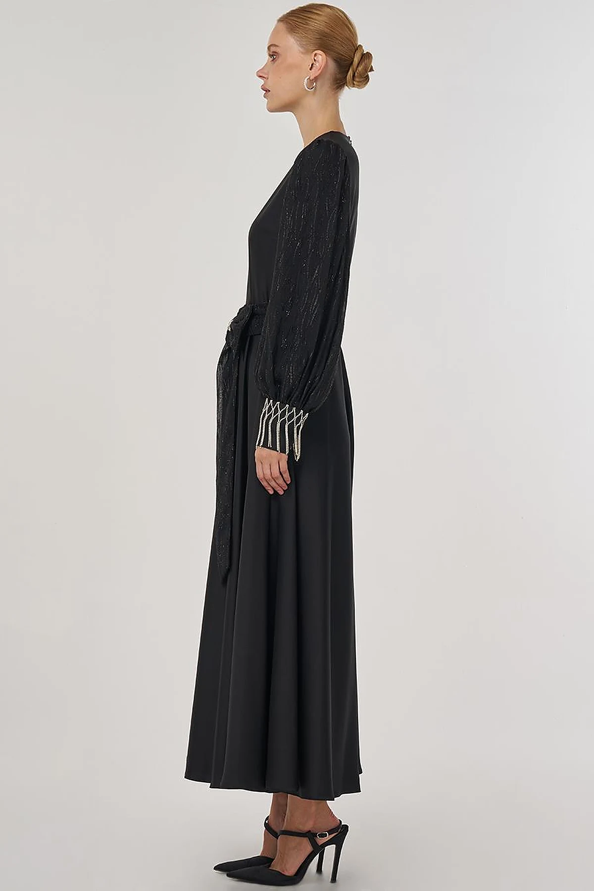 Waist-Detailed Satin Dress - Black