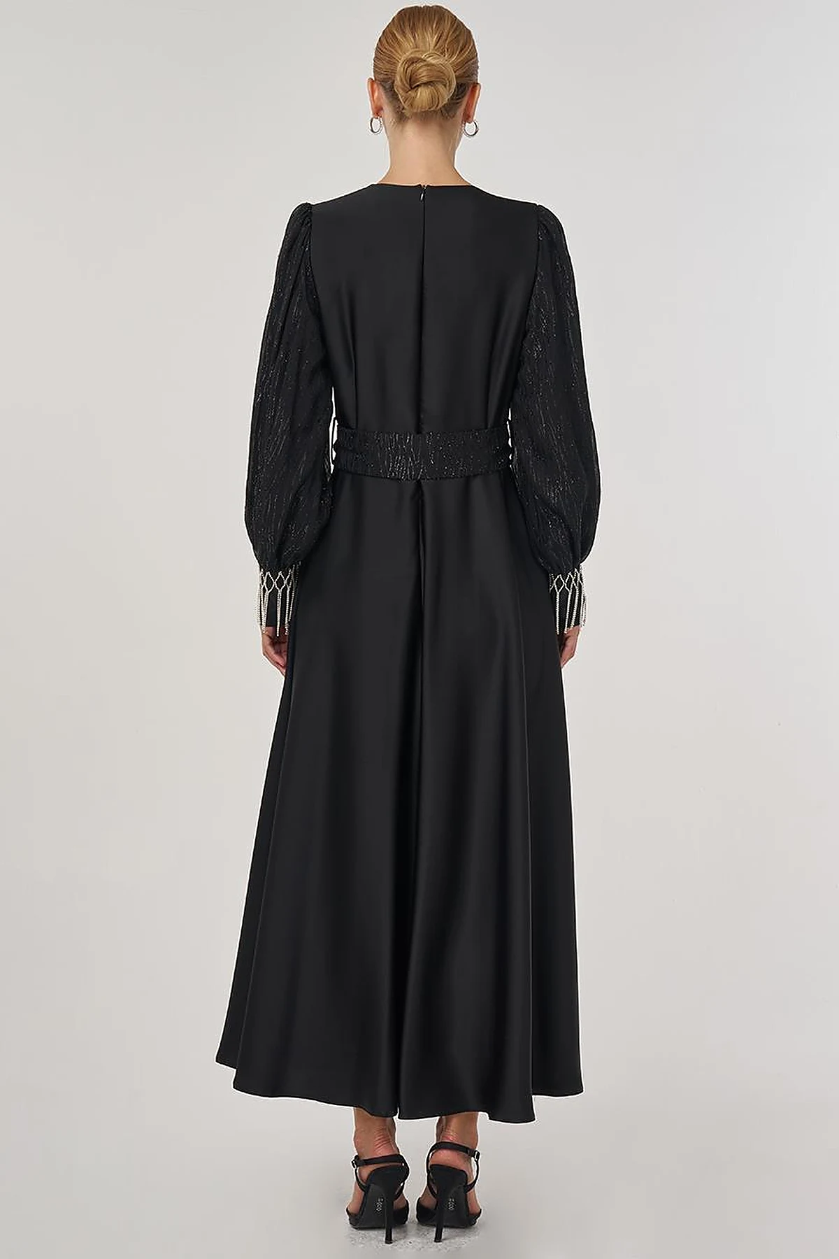 Waist-Detailed Satin Dress - Black