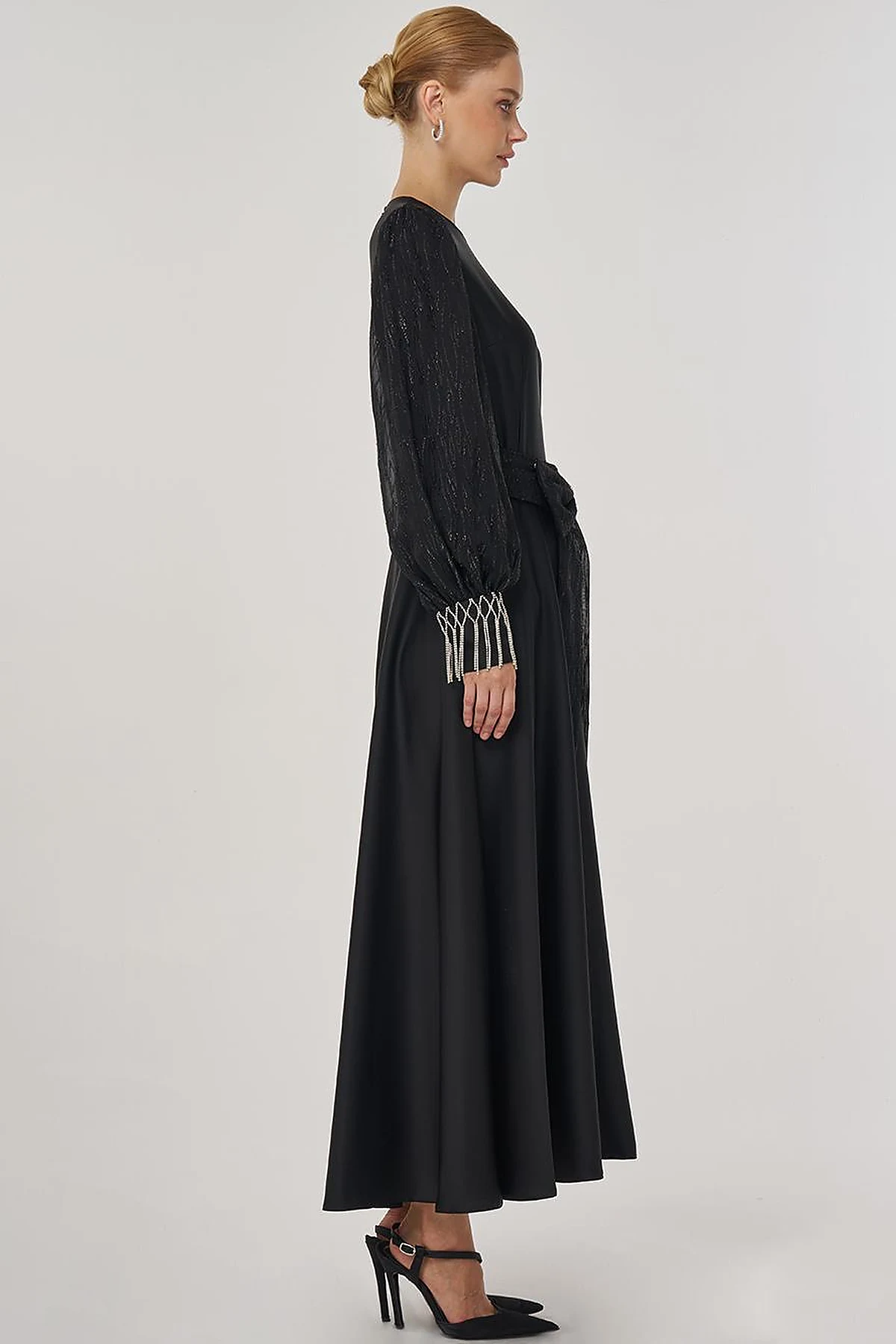 Waist-Detailed Satin Dress - Black