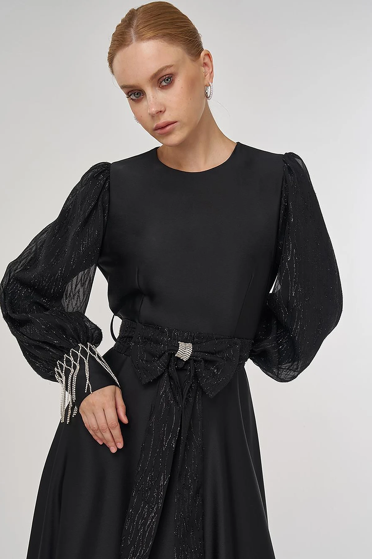 Waist-Detailed Satin Dress - Black