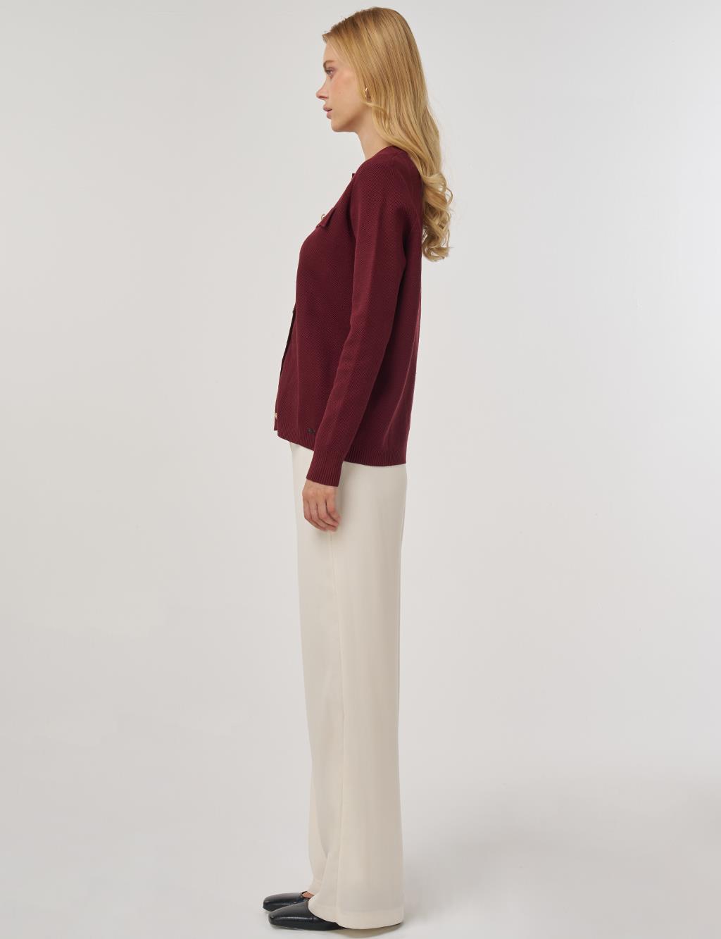 100% Viscose Button-Detail Knit Cardigan Burgundy