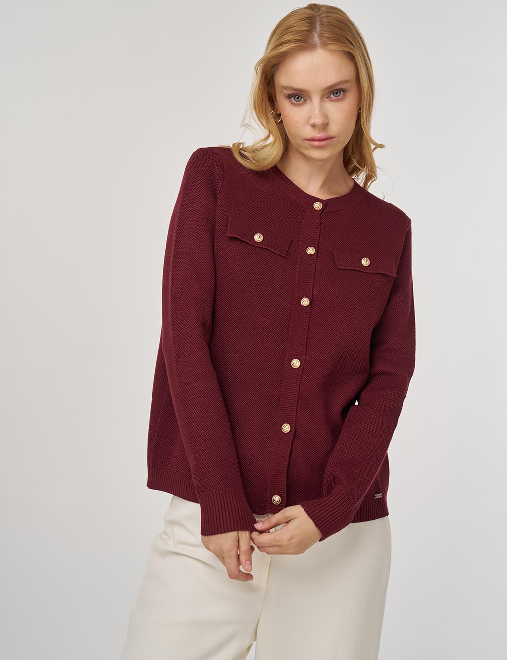 100% Viscose Button-Detail Knit Cardigan Burgundy