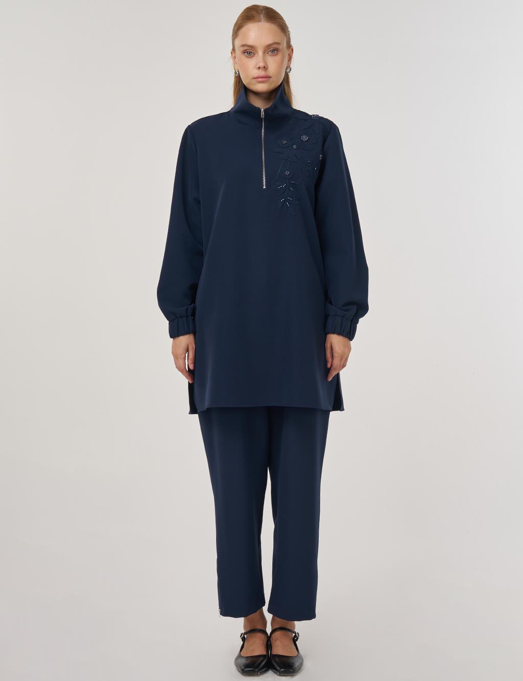 Embroidered Two-Piece Suit in Dark Navy