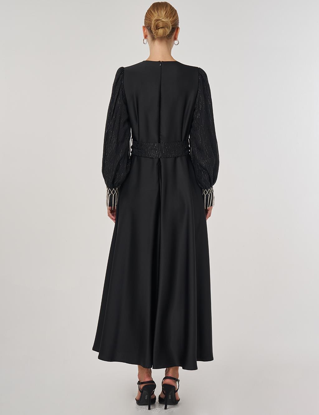 Waist-Detailed Satin Dress - Black