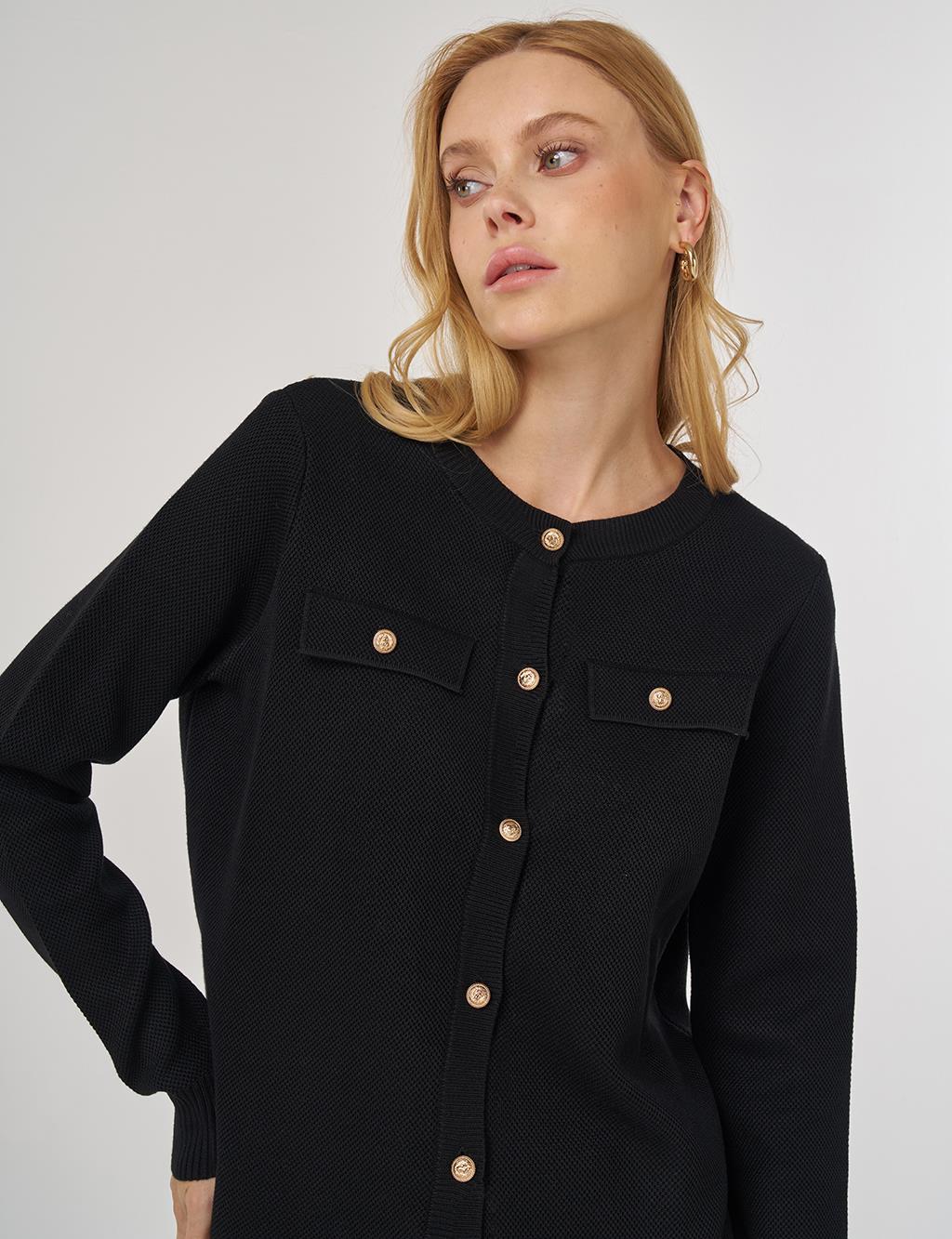 100% Viscose Button-Detail Knit Cardigan Black