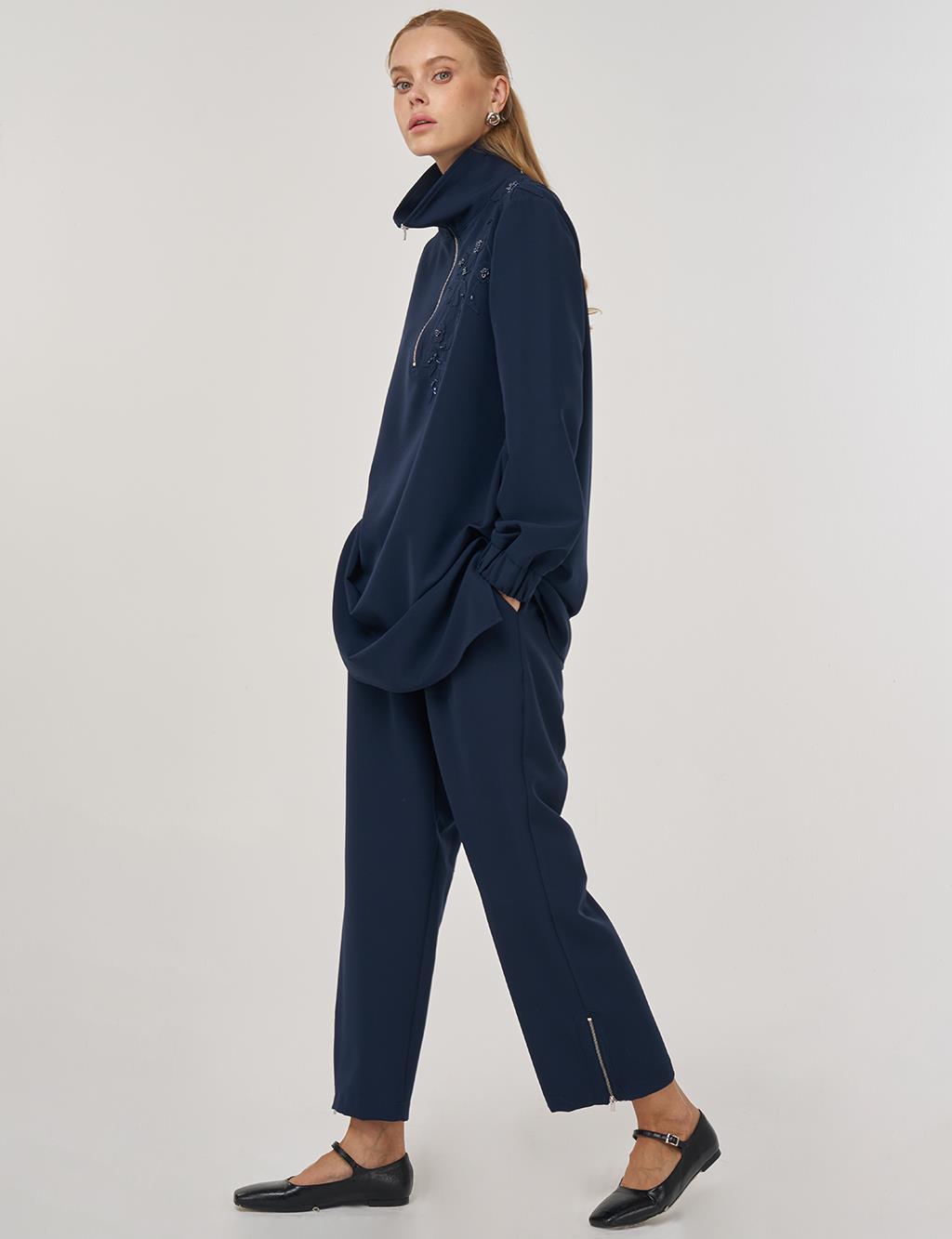 Embroidered Two-Piece Suit in Dark Navy