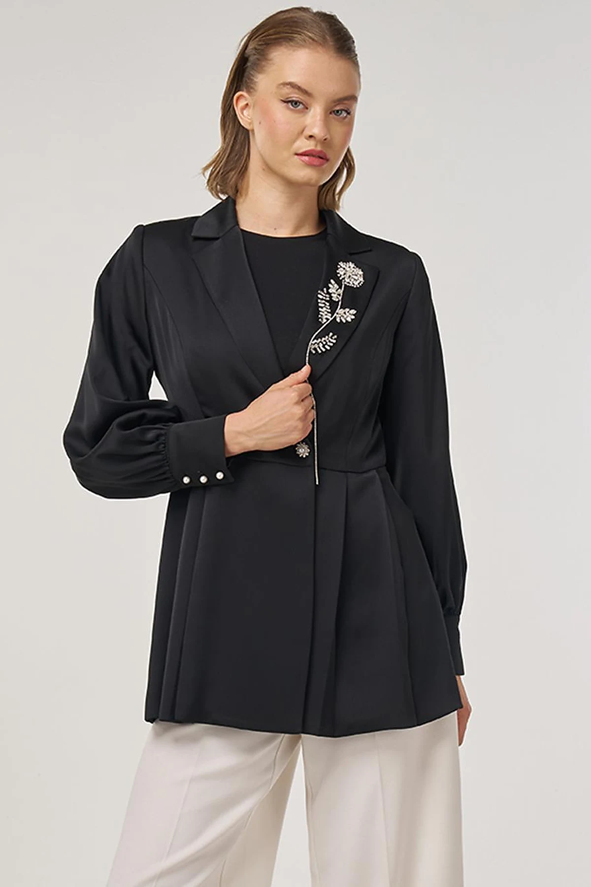 Stone-Embellished Satin Jacket in Black