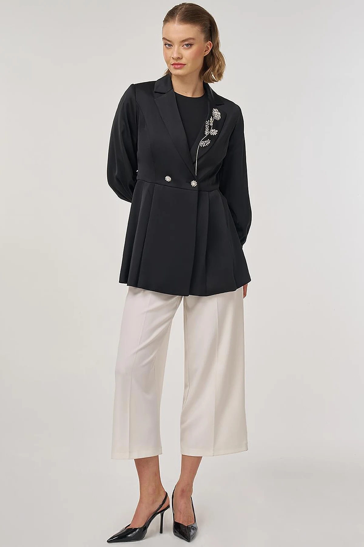 Stone-Embellished Satin Jacket in Black