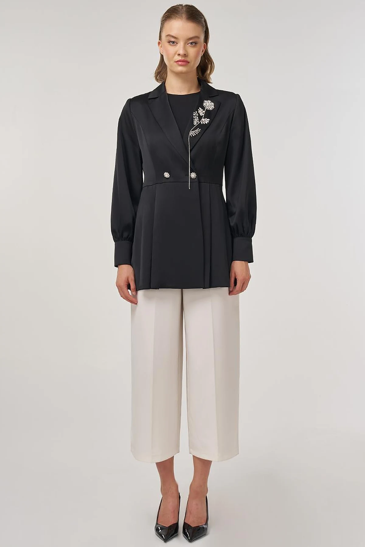 Stone-Embellished Satin Jacket in Black