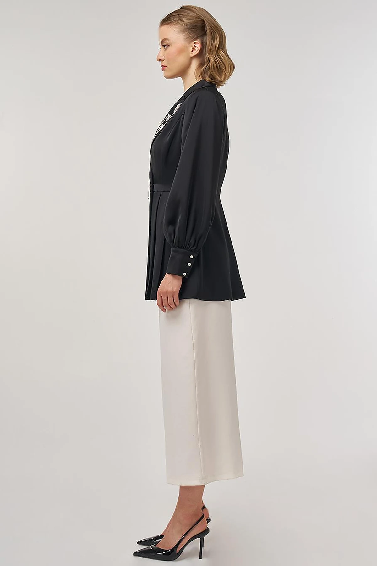 Stone-Embellished Satin Jacket in Black