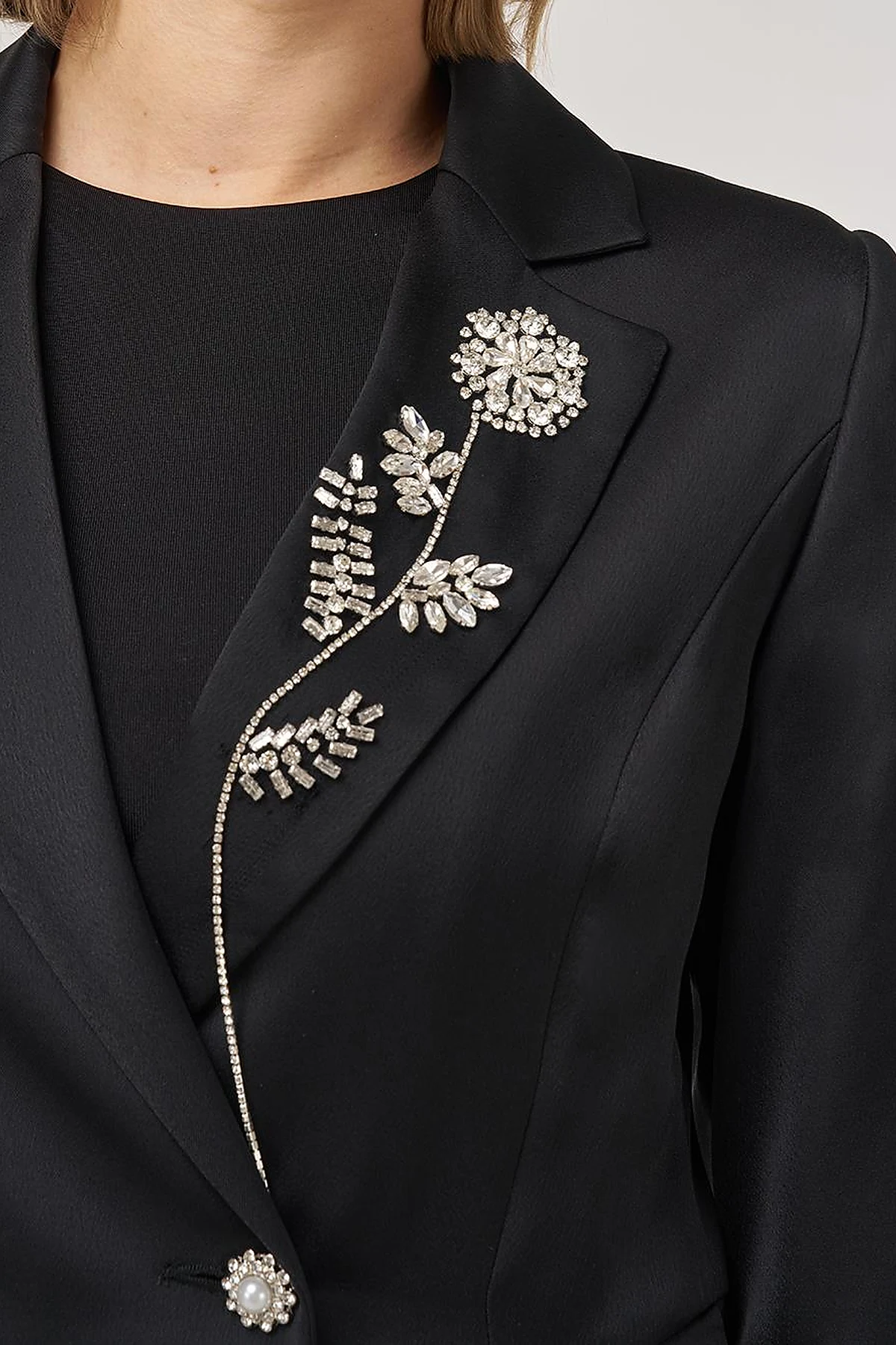 Stone-Embellished Satin Jacket in Black