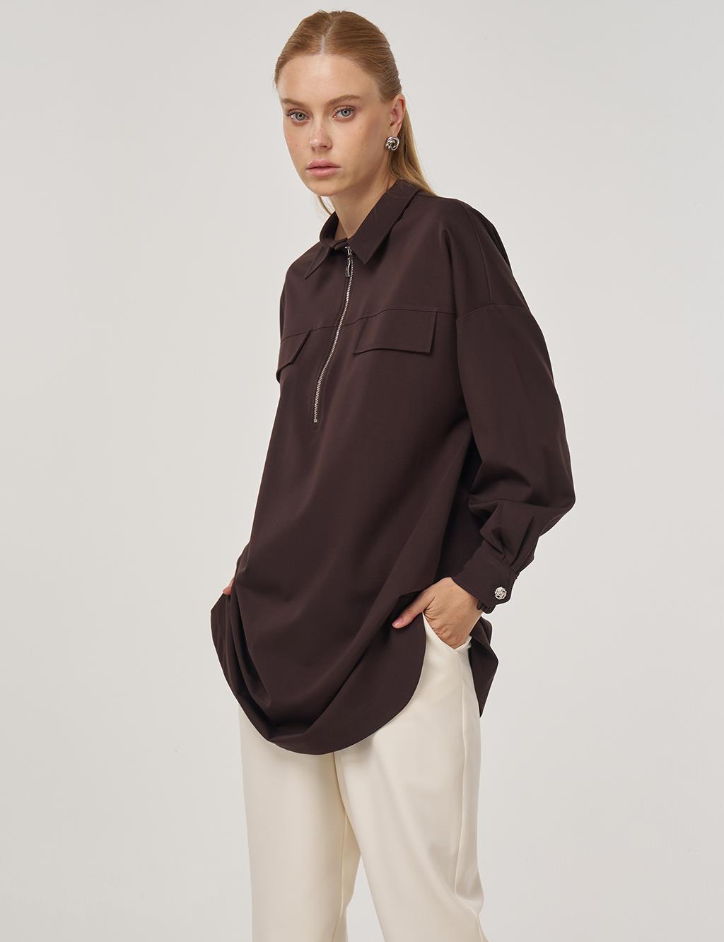 Flap-Pocket Rayon Tunic Dark Brown