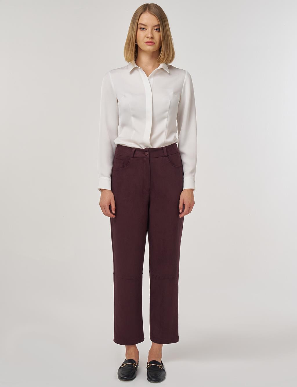 Suede Pants with Stitching Detail Dark Burgundy