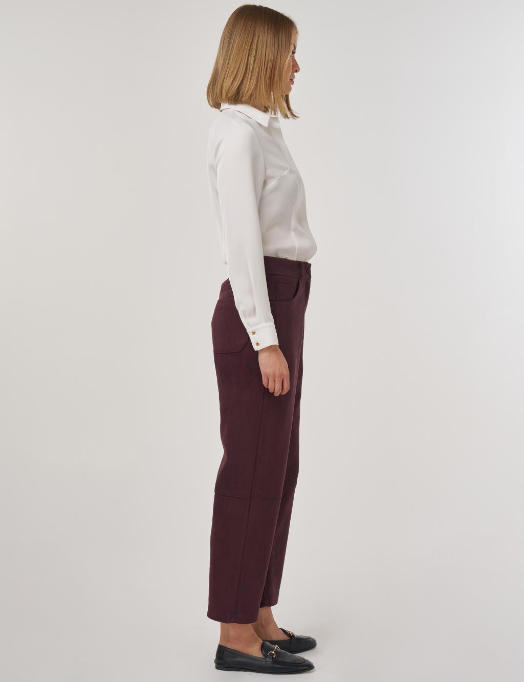 Suede Pants with Stitching Detail Dark Burgundy