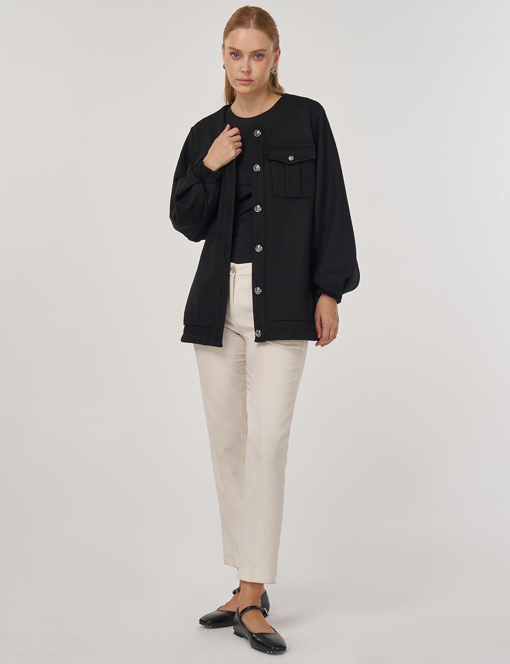 Cep Detaylı Keçe Ceket Siyah 
